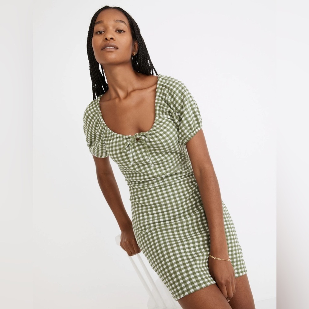 Madewell Jacquard Puff-Sleeve Mini Dress in Gingham Check